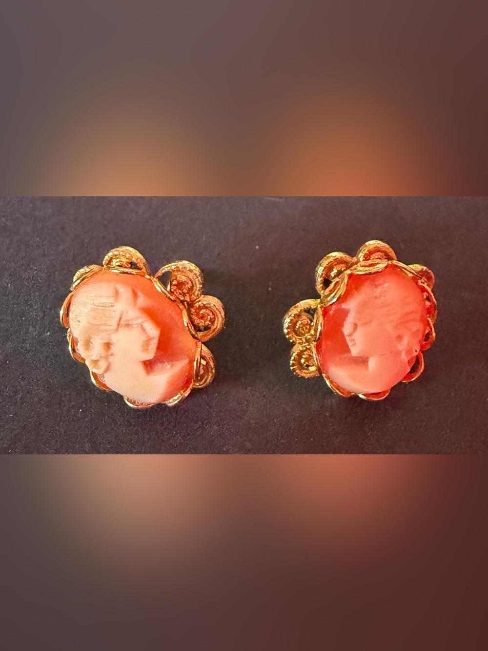 Gold-Plated Orange Cameo Stone Stud Earrings